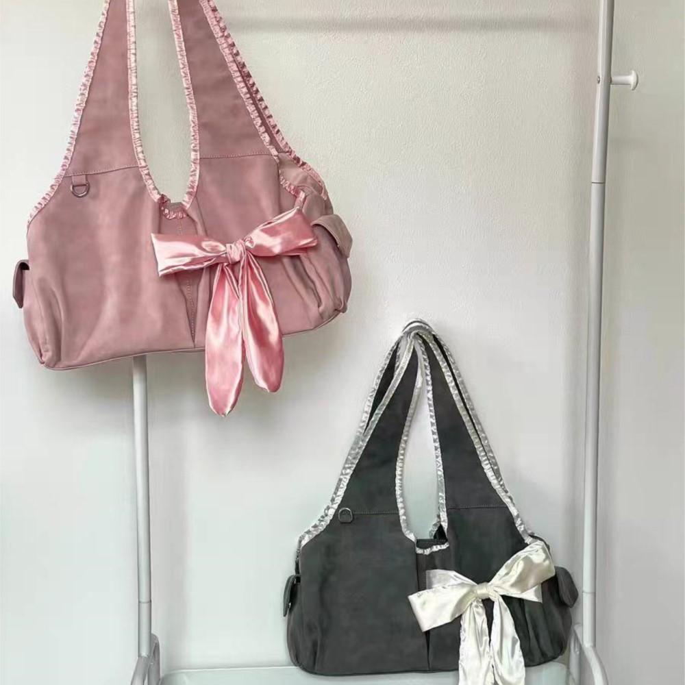 Сумка-тоут Harajuku большой емкости для женщин Fairycore Aesthetic Bow Chic Grey Handbag Женская винтажная симпатичная сумка через плечо
