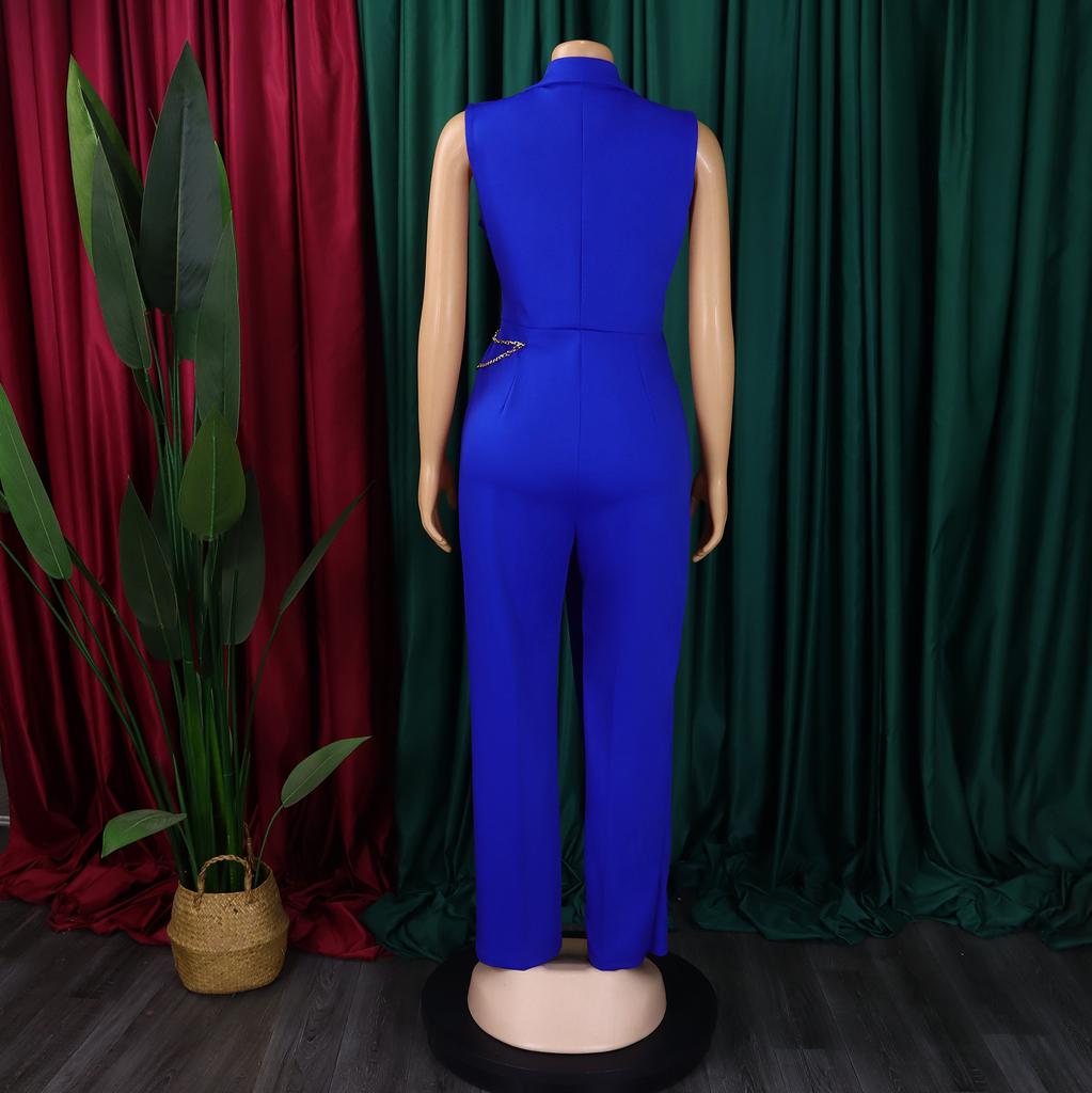 Женский элегантный и элегантный костюм с воротником на талии и цепочкой, свободный комбинезон с широкими штанинами