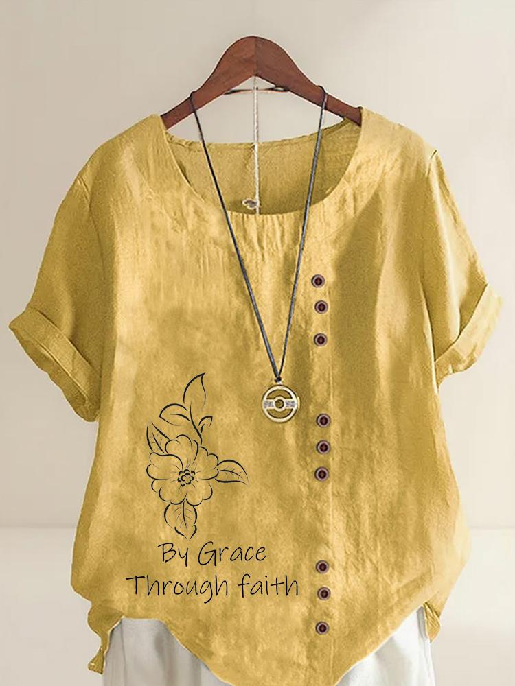Women's Fashion Black Floral Letter Lines Print Round Neck Short Sleeve T-shirt Summer Casual Cotton Linen Graphic Shirt Leisure Loose Blouse Tops
