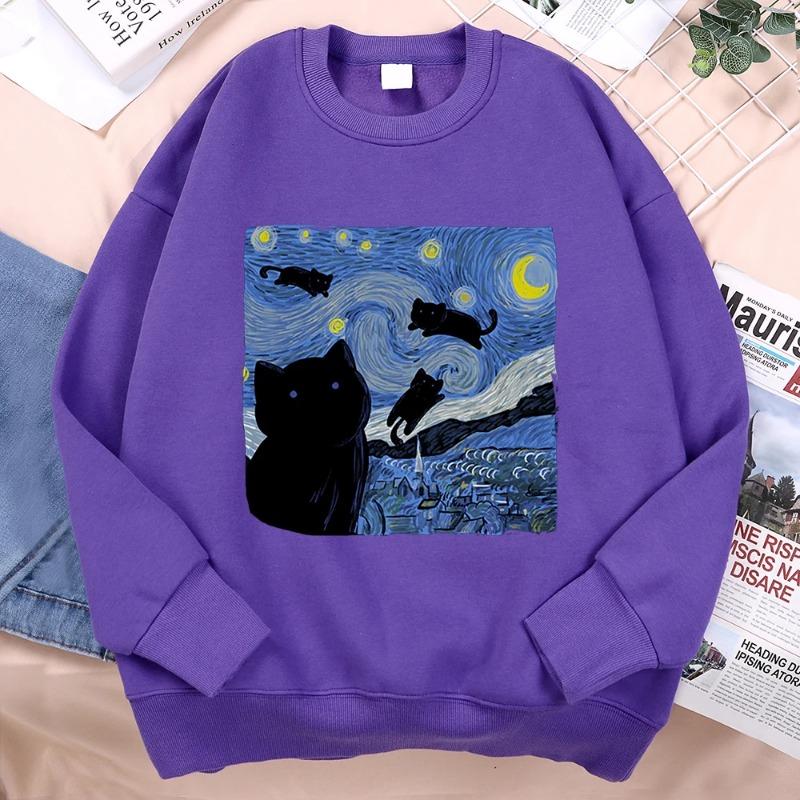 Oil Painting The Starry Cat Night Clothing Men Women Fashion Casual Hoodies Fleece Pullover Sportswear O-Neck Clothes Pullovers & Long Sleeves Women’s