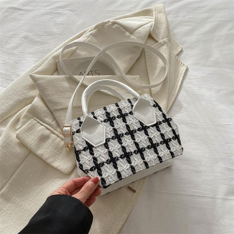 Trendy Fashionable Small Square Shoulder Bag In Black White And Plaid For Everyday Use