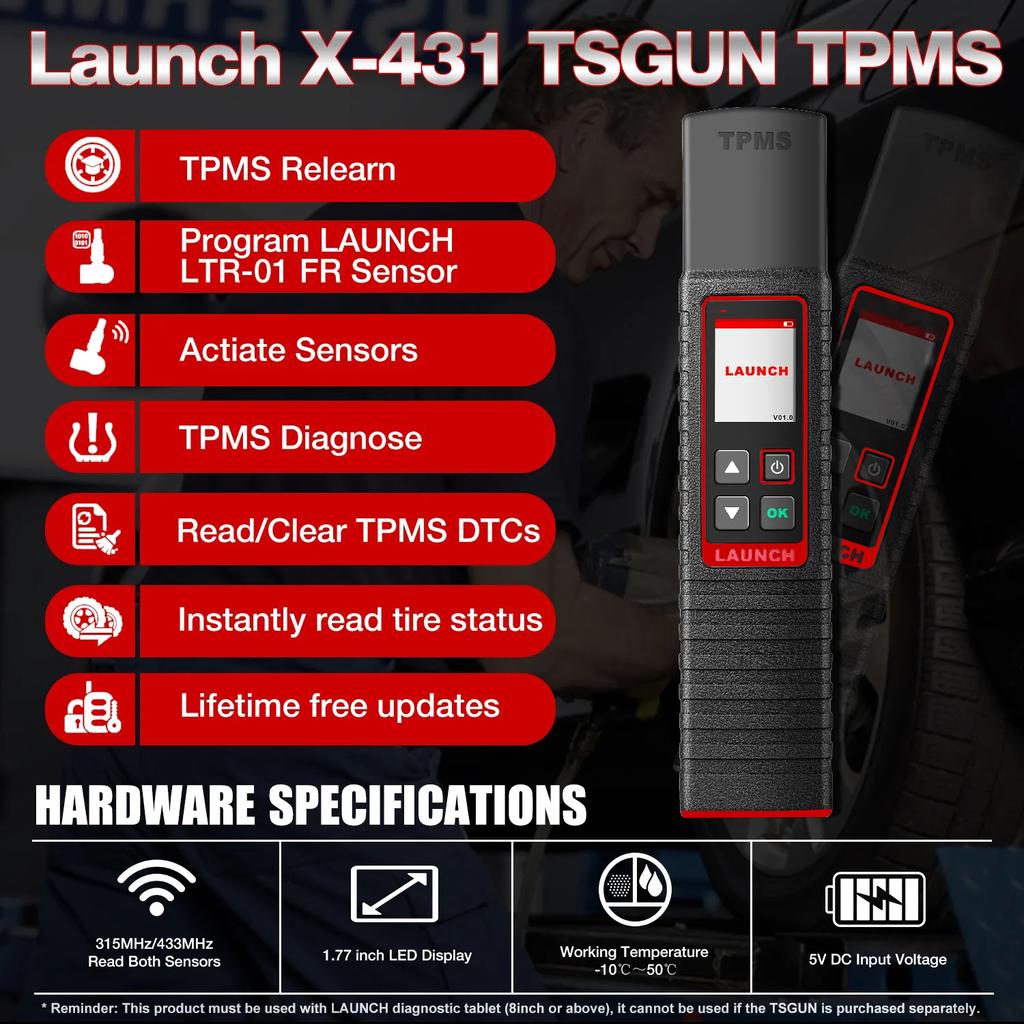 Launch X431 TSGUN TPMS 315/433 МГц 2-в-1 RF-сенсор X-431 TSGUN Детектор датчика давления в шинах автомобиля Инструмент для программирования и диагностики