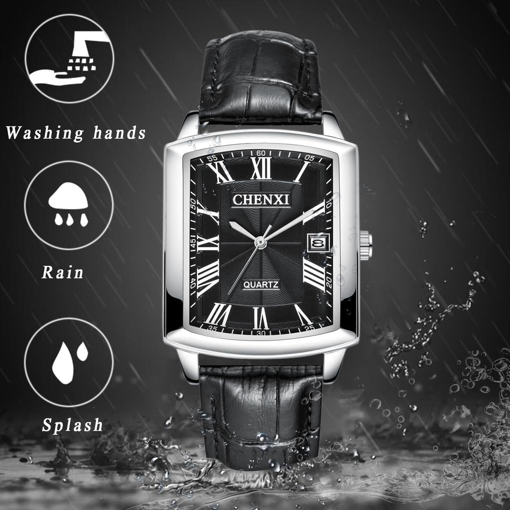 Watch Genuine Leather Strap Calendar Pair 3ATM Waterproof Roman Numeral Analog Display Square Simple Leather Belt Length Adjustable Quartz Couple