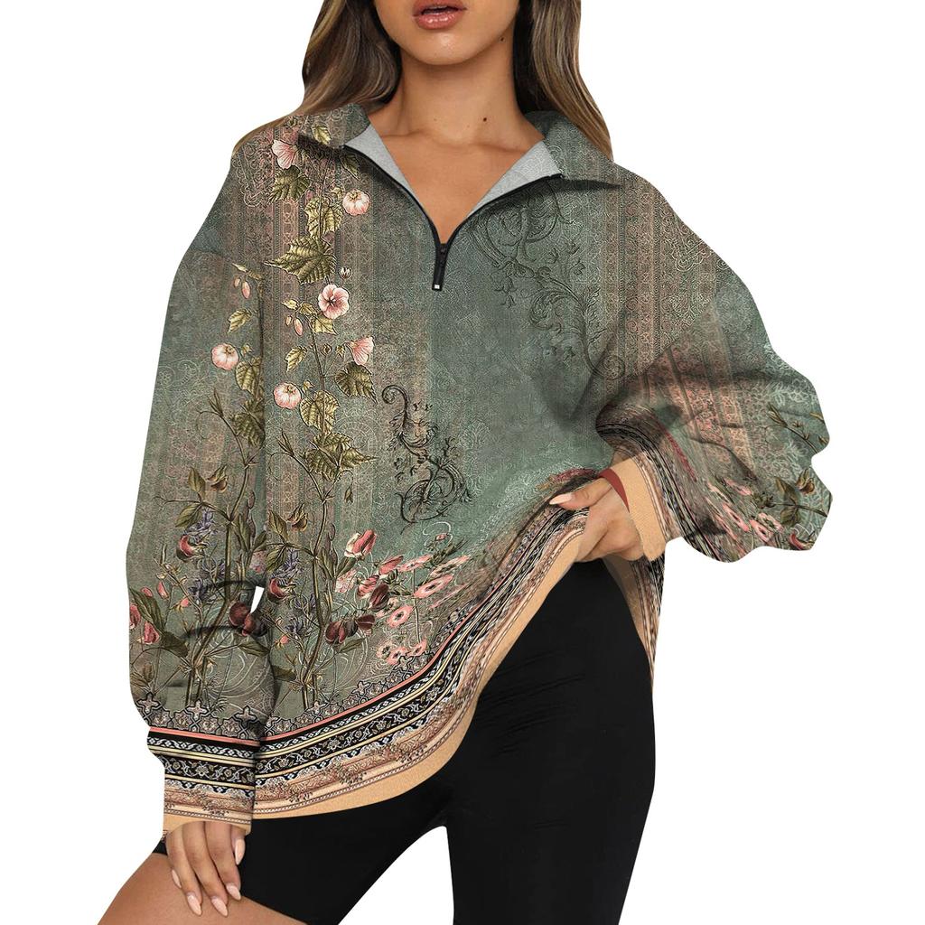 Women's Casual Fashion Long Sleeve Print Oversize Zip Sweatshirt Top
