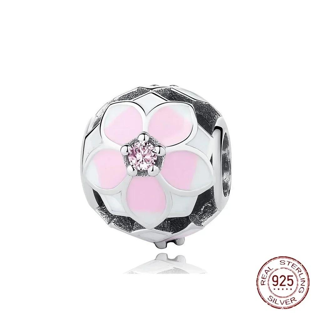 925 Silver Pink Blossom Dangle Charm Butterfly Heart Flower Rose Bird Bead For DIY Necklace Bracelet Fine Jewellery