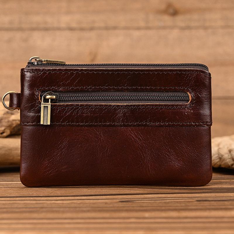 New Men Genuine Leather Zipper Coin Wallet Natural Leather Short Purse Card Holder Cash Clutch Wallet With Key Ring