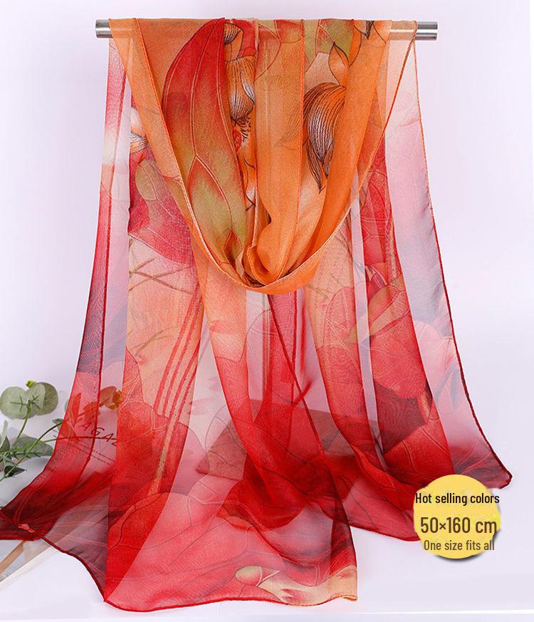 Lotus Georgette Silk Scarf: Medium-Length Printed Summer Shawl for Sun Protection and Dance, All-Match Mother Style.