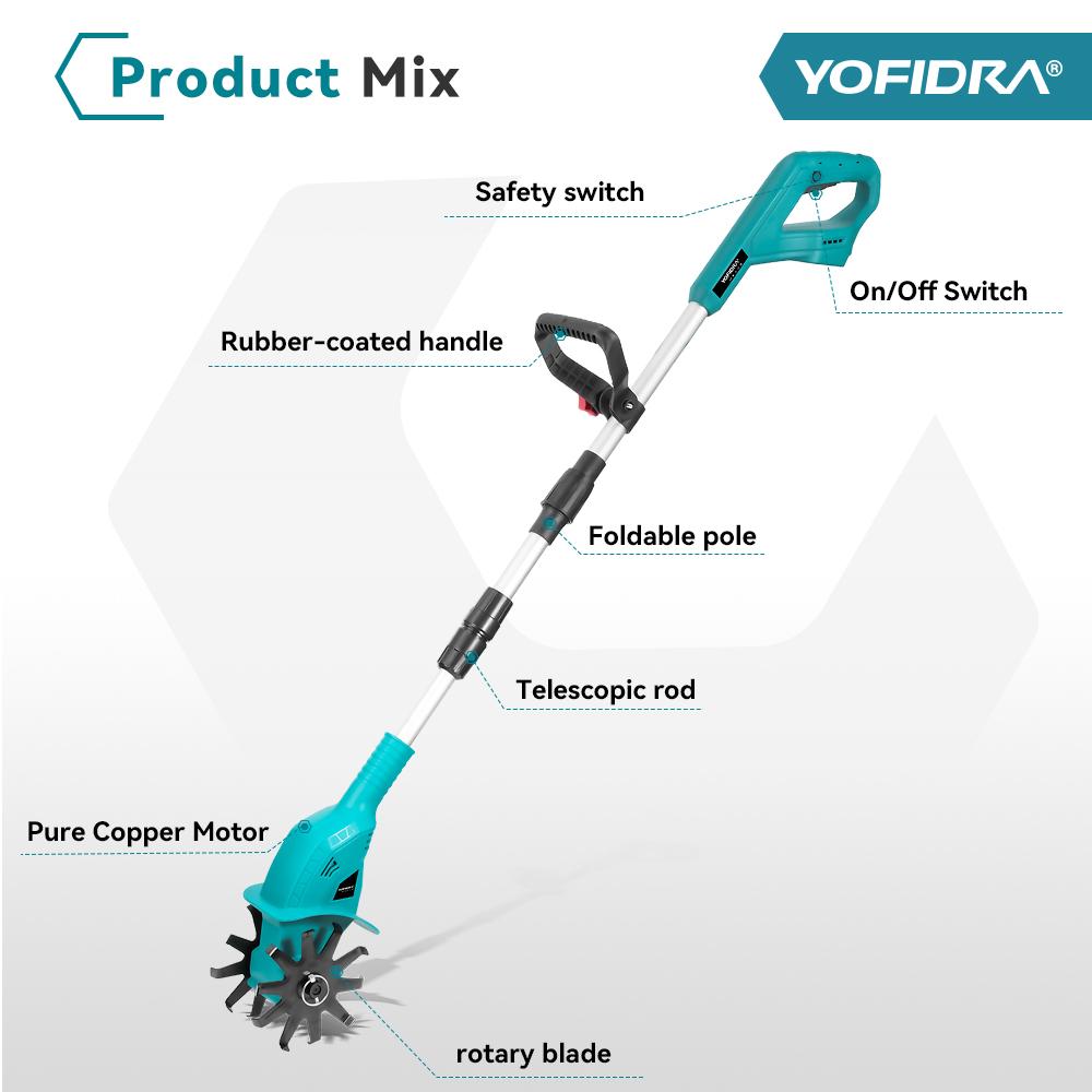 Yofidra Электрический садовый культиватор, газонокосилка, роторный культиватор для обработки почвы, садовый инструмент, подходящий для аккумуляторных штифтов Makita 18 В