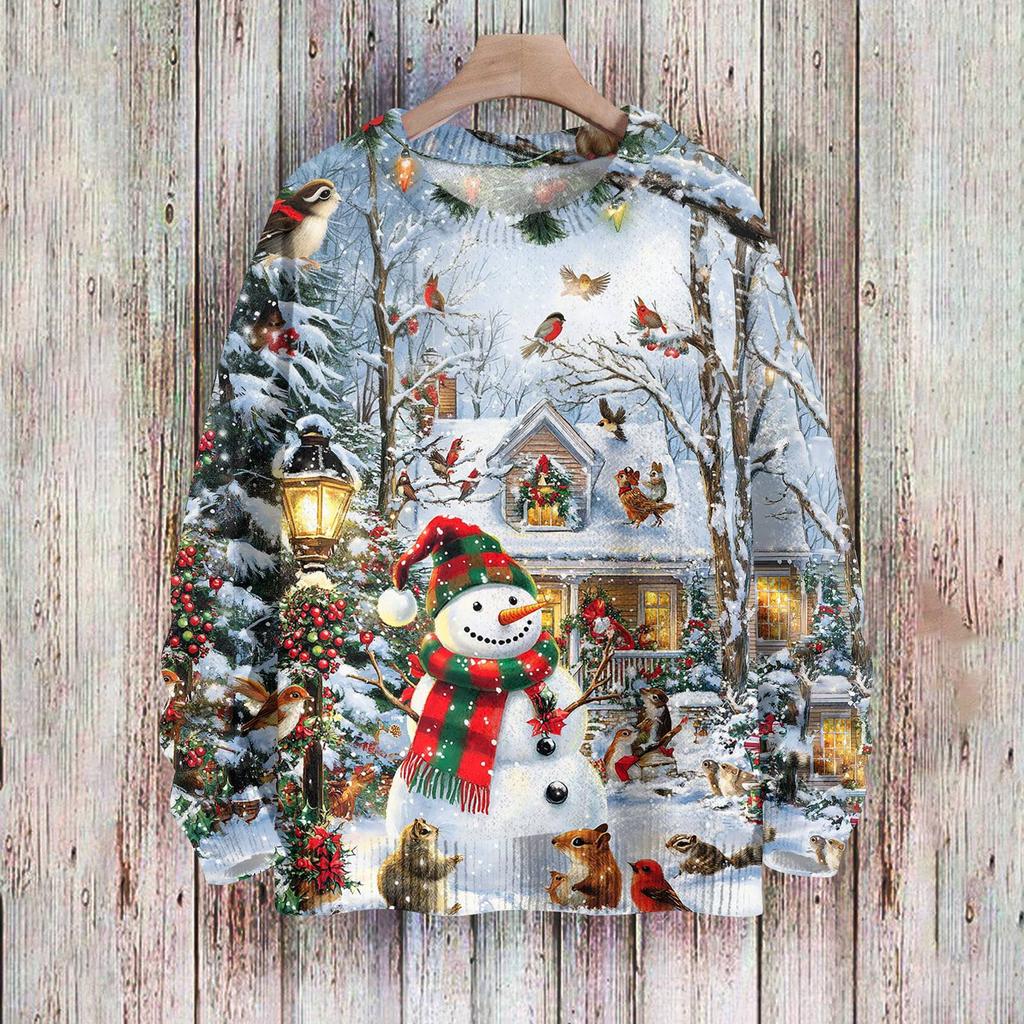 Рождественские толстовки для женщин Вязаный свитер Милая рубашка Осенний свитер с круглым вырезом Топы