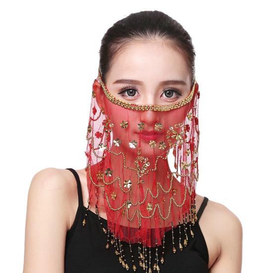 Performance Veil Flower Sequins Beads Decor See-through Lace Belly Dance Tribal Face Veil Breathable Fabric Adjustable Strap Indian Dance Veil