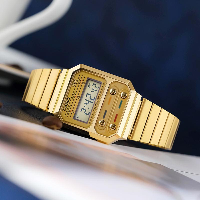Casio Серия для молодежи Металлическая квадратная Pac-Man Ретро Светящиеся Водонепроницаемые Часы Кварцевый Механизм Стальной Ремешок Мужские часы Золотой A100WEG-9APR