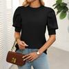 Women Knitting Tops Round Neck Puff Short Sleeve Solid Color Summer Tops