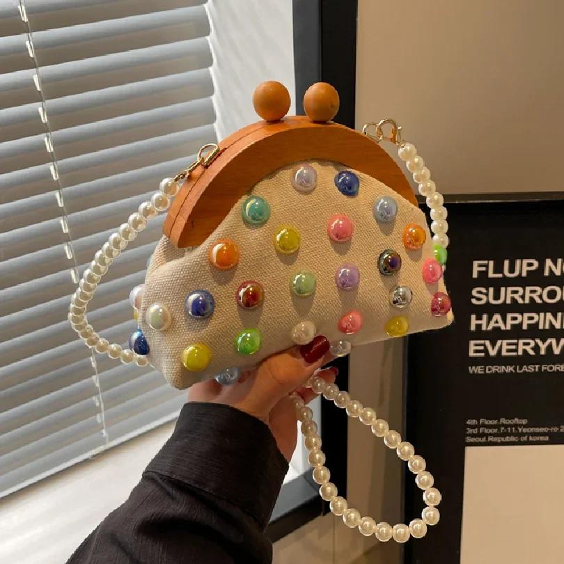 Красочные холщовые сумки через плечо с маленькими ракушками, деревянные застежки, жемчужные бусины, компактные сумки через плечо для женщин, повседневные, милые