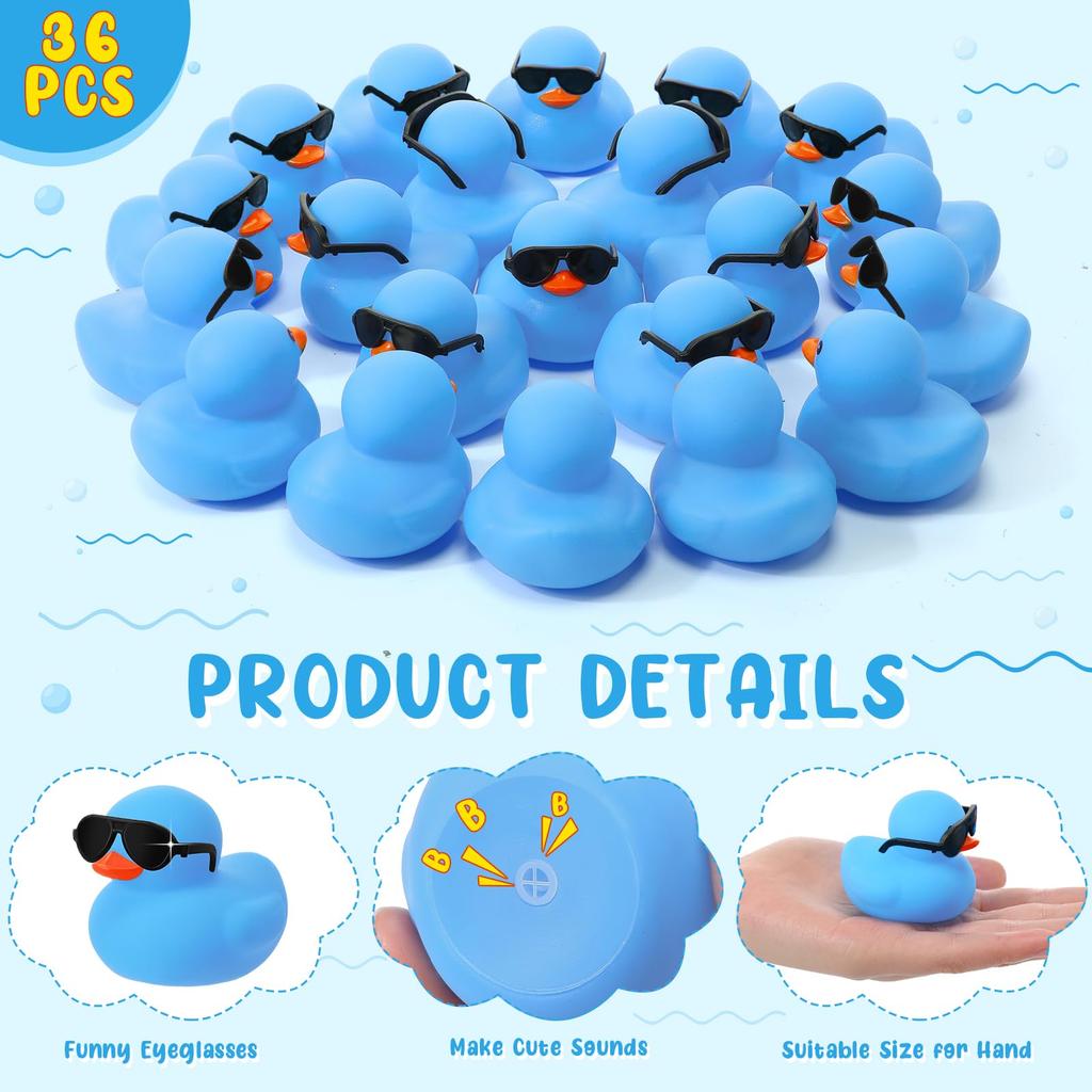 6/12/24/36Pc Mini Rubber Ducks Blue With Sunglasses Sets Duck Toys Squeaky Rubber Ducks Cute Float Duckies For Birthday Party