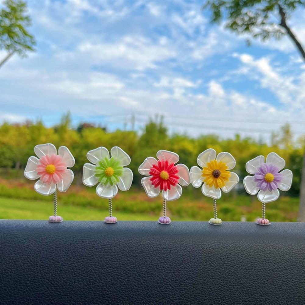 5Pcs Cartoon Car Interior Shaking Head Sunflowers Ornament Decoration with Spring Shake Head Decor Double-sided Tape