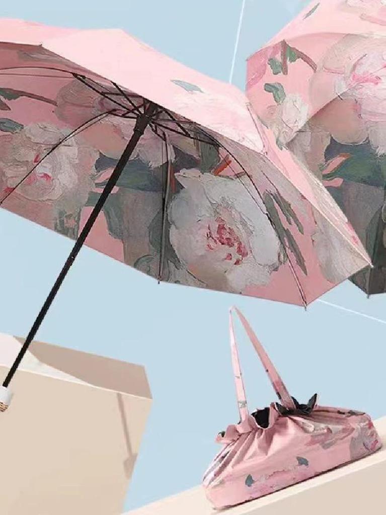 70% off Double-Layer Sunshade Umbrella with Oil Painting Design, Dual-Use for Sun and Rain, Creative Gift, Foldable Umbrella, Black Coating