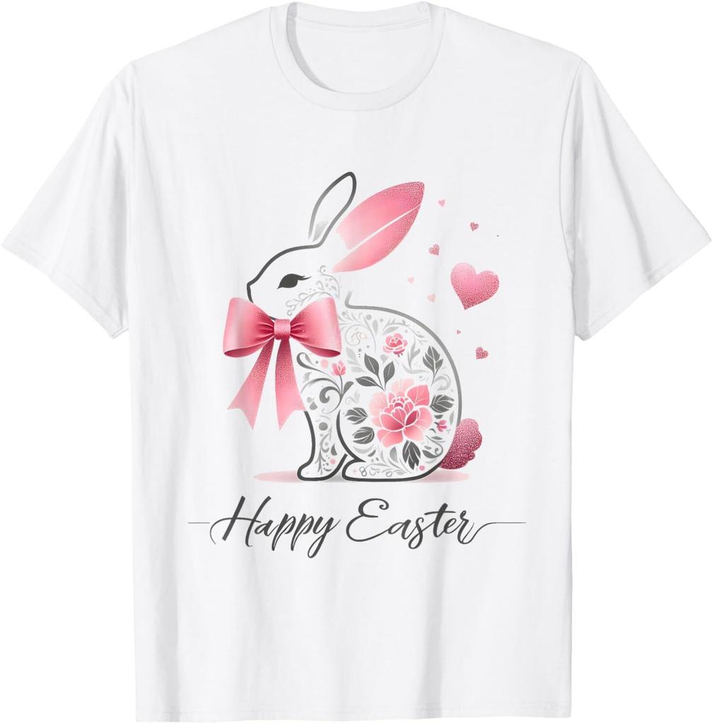 Happy Easter Bunny with Pink Bow and Floral Pattern women T-Shirt