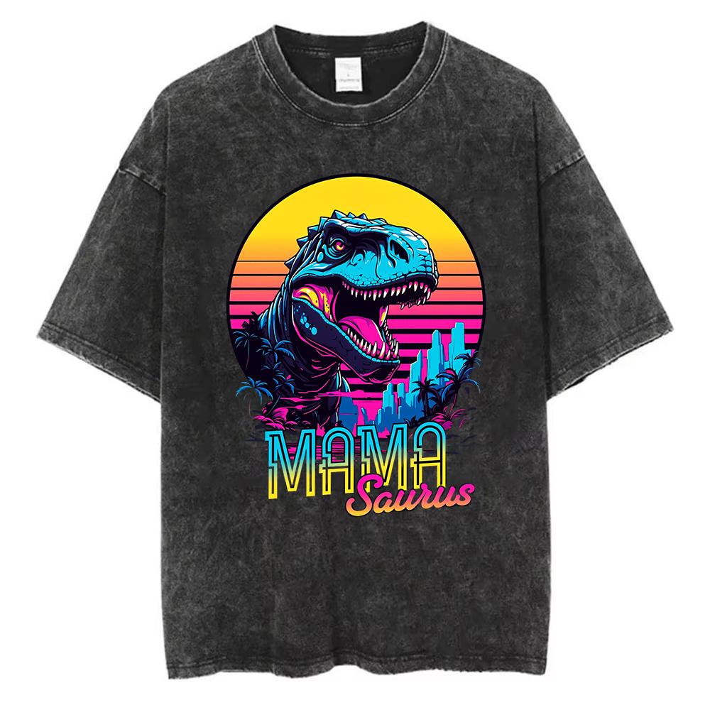 Vintage Washed Cotton TShirt Women Mamasaurus Graphic Tee Mothers Day Gift Acid Wash Retro Dinosaur Streetwear Top