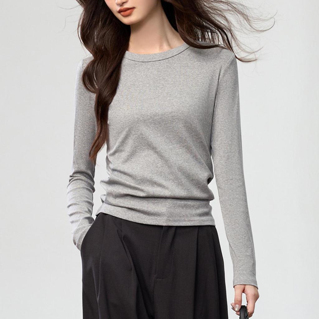 Женская футболка с длинным рукавом Осень 2025: Гребенной хлопок, Универсальный дизайн с открытой строчкой, Простой круглый вырез.