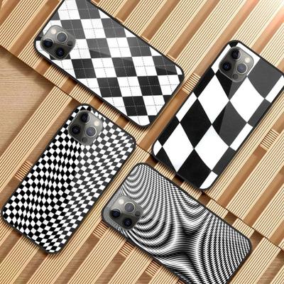 Черно-белый клетчатый чехол для телефона для IPhone 13 12 11 XS X 8 7 6 Plus Mini Pro Max SE 2022 Черный ПК ТПУ Стеклянный чехол для телефона