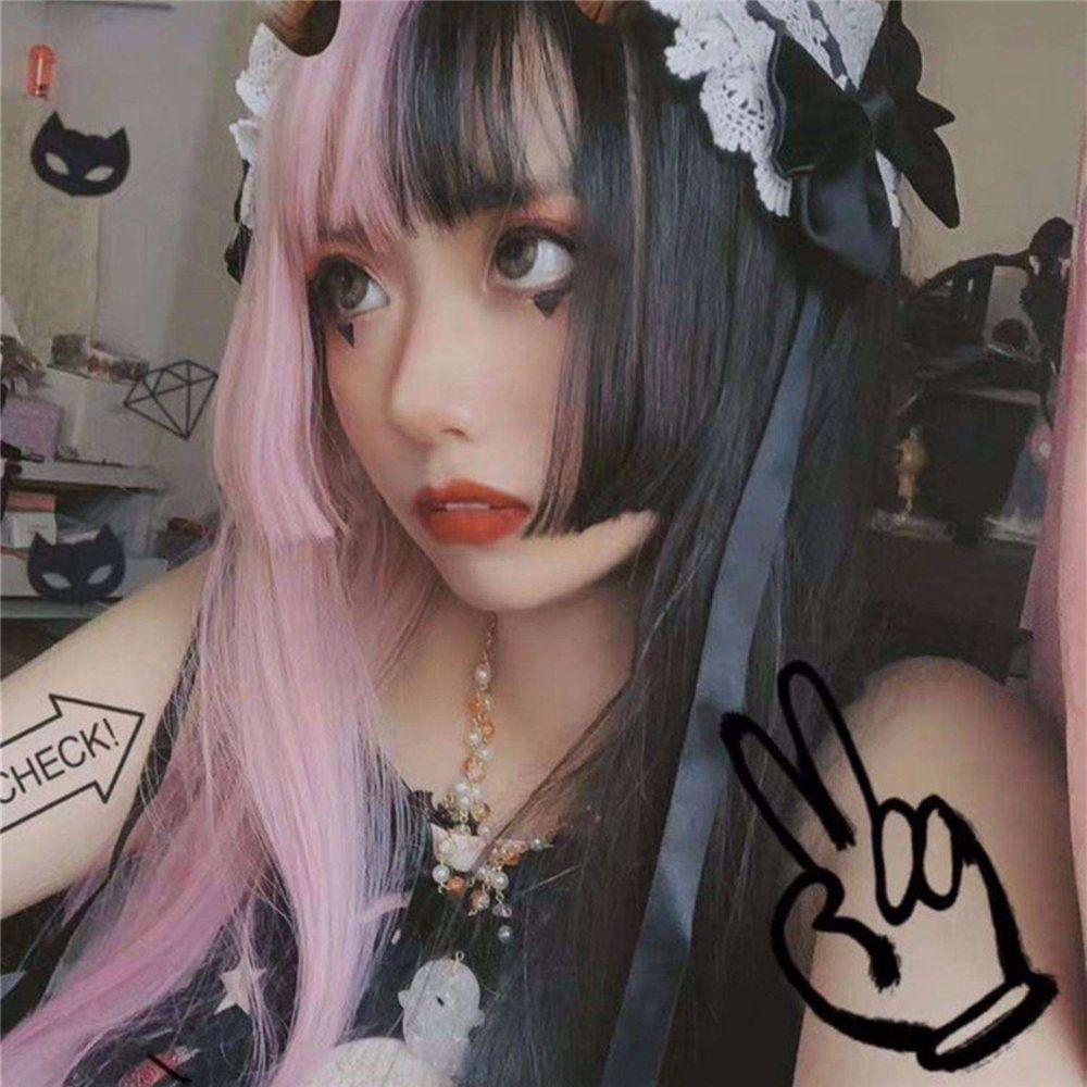 Women Female Synthetic Bangs Cosplay Lolita Double Color Toupee Black&pink Wig Long Straight Hair