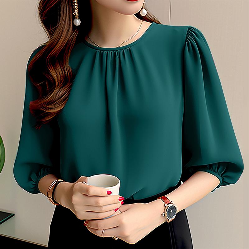 ZANZEA Женская повседневная однотонная свободная блузка с круглым вырезом и рукавом 3/4