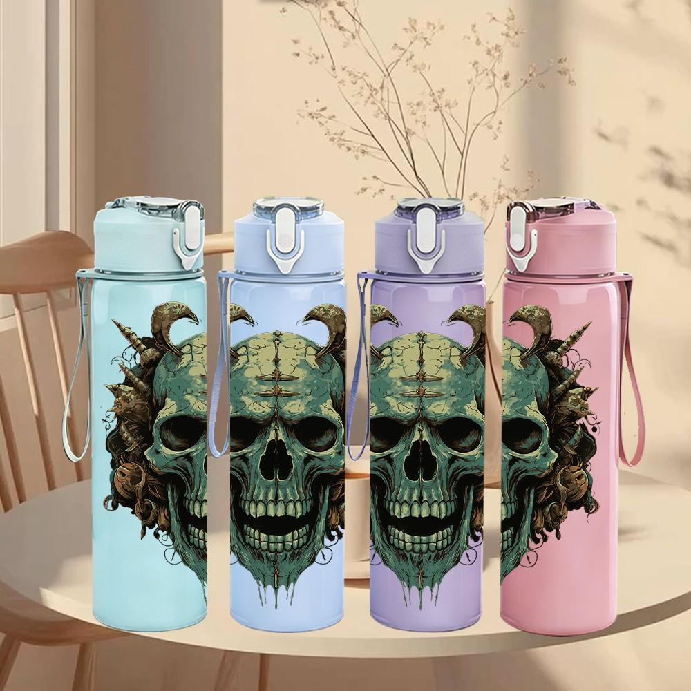 1PC Green Skull Head 750ml sports water bottle leakproof straw lid outdoor office home