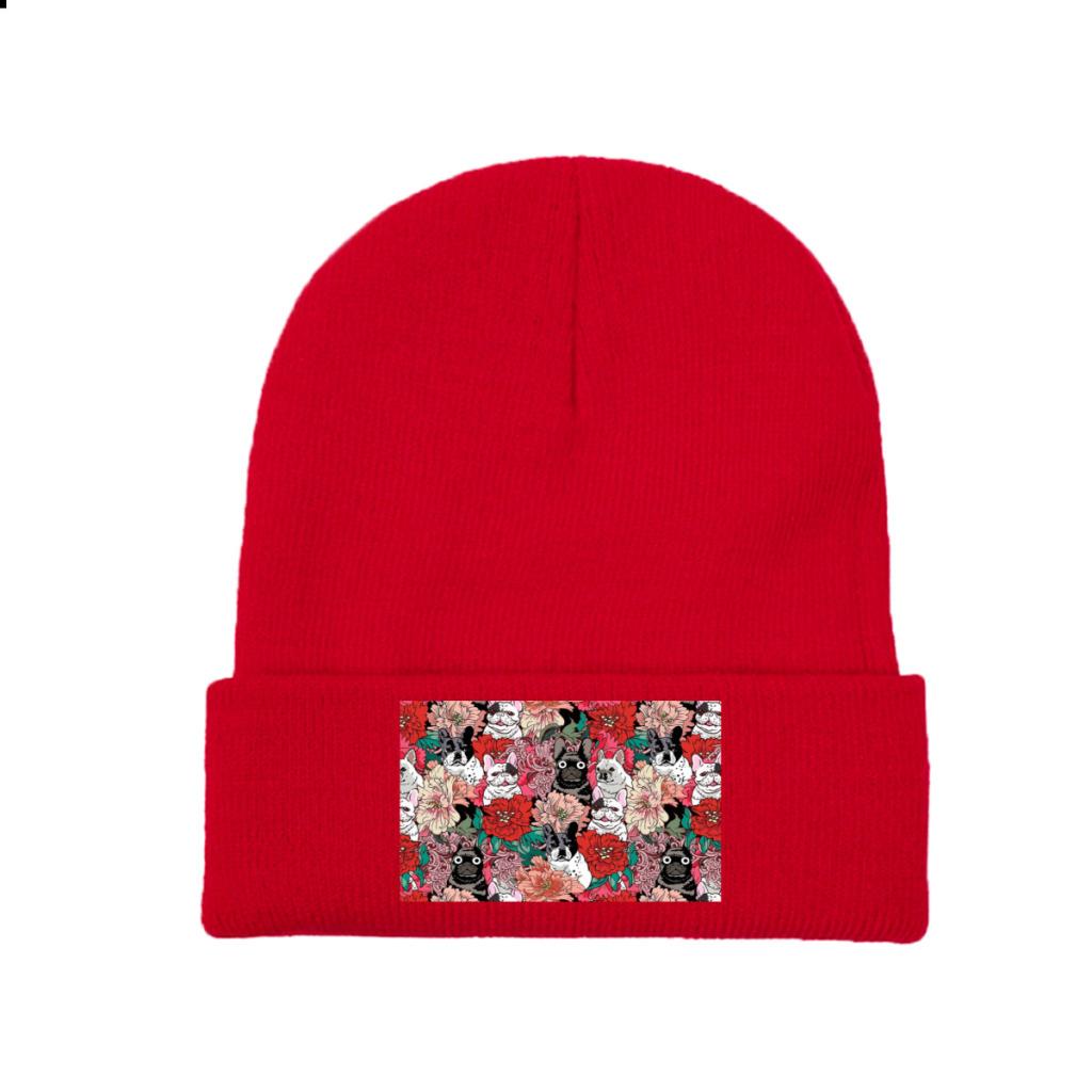 Flowers French Bulldog Knit Hat Beanie Winter Hats Warm Acrylic Street Caps Unisex Women