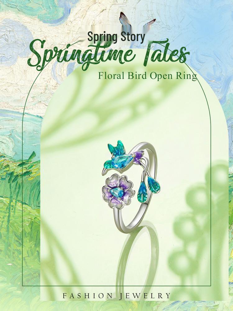 Avle Spring Bird & Flower Adjustable Open Ring - S925 Sterling Silver for Women