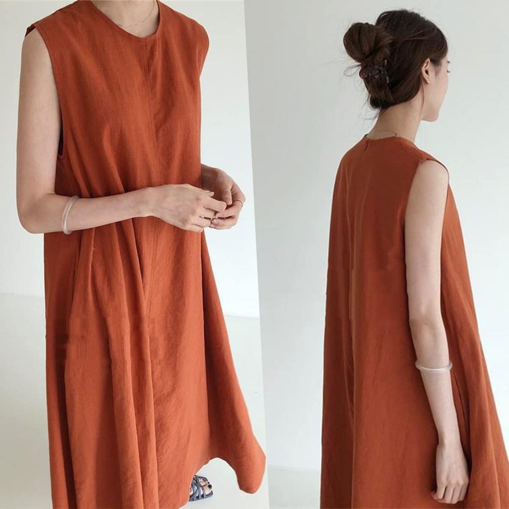 Летнее Однотонное Плюс Крю Супер Мори Девушка Стиль [ДНЕВНАЯ ОДЕЖДАDaycloth] Женское Хлопково-Льняное Платье, Цвет, На молнии, Без рукавов, Подчеркивающее фигуру, Размеры, Горловина,