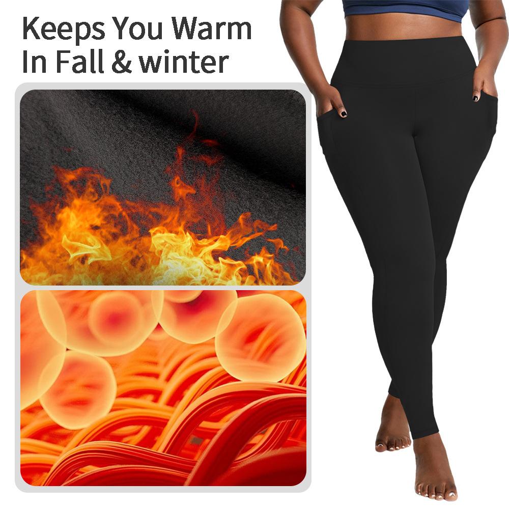 Леггинсы большого размера с карманами и флисовой подкладкой для женщин, верхняя одежда, осенне-зимний стиль, с высокой посадкой, черные зимние флисовые штаны для йоги