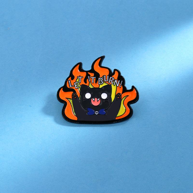 Alloy Enamel Brooch, Cute Cartoon Flame Black Cat Pattern, Kawaii Decorative Lapel Pin Badge Accessory for Backpack Clothing Bag