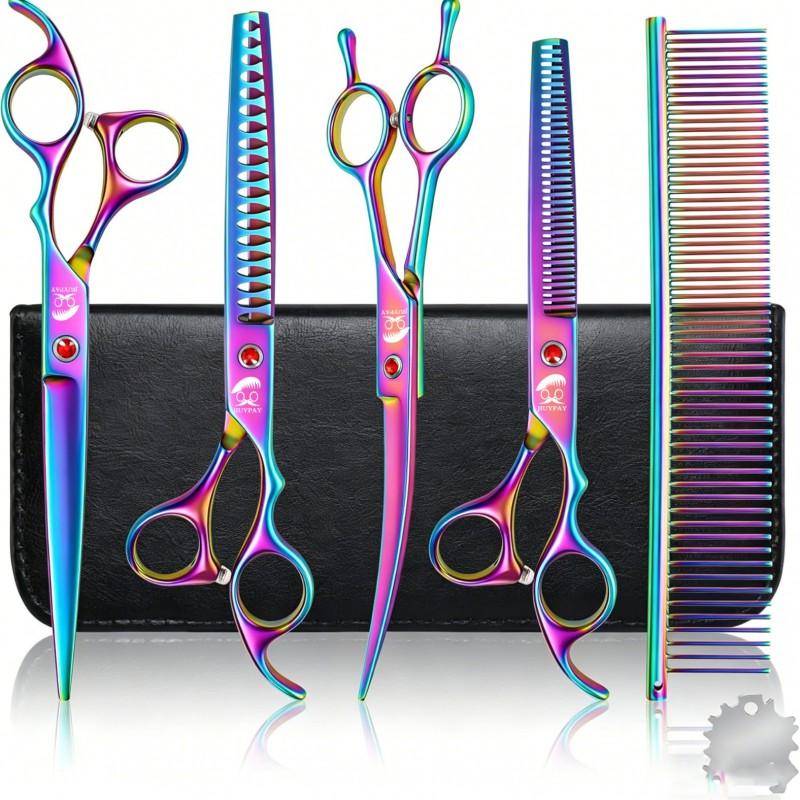 Professional Dog Grooming Scissors Set 7 Inch Stainless Steel Curved Straight Tooth Fishbone Kit Pet Hair Trimming