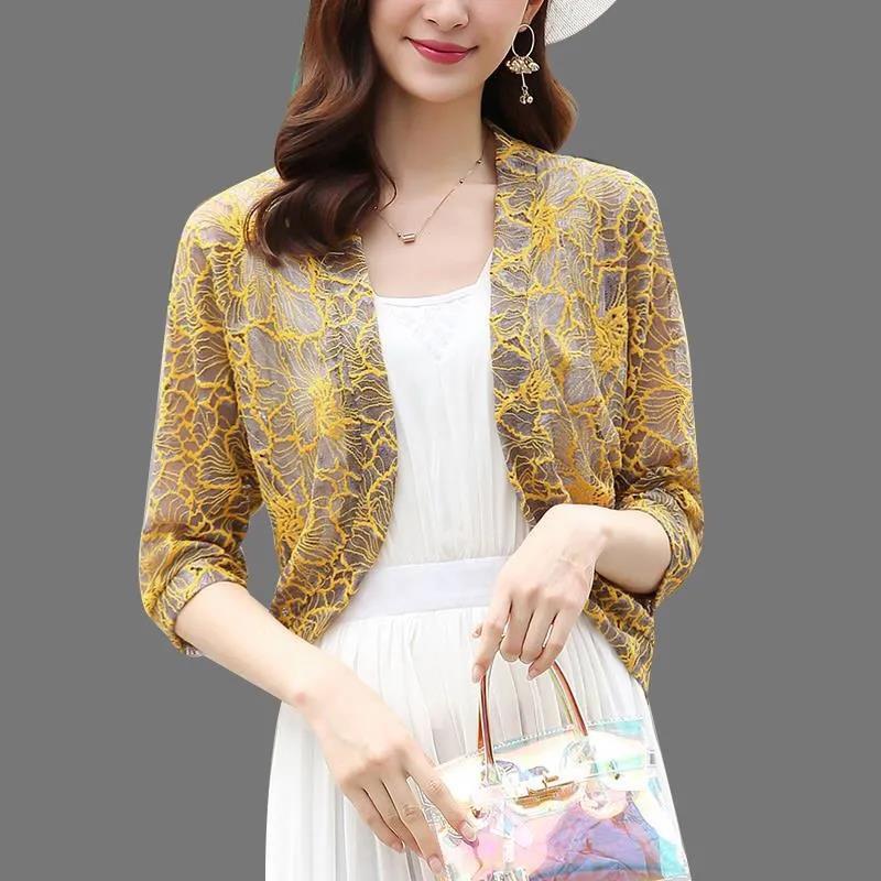 Летний кардиган с цветочным узором, женский сплошной цвет, тонкая шаль, защита от солнца