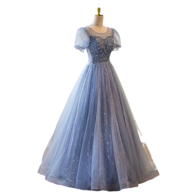 Blue evening dress skirt women's sequined gauze skirt banquet host dress temperament high-end vocal art test long skirt light luxury