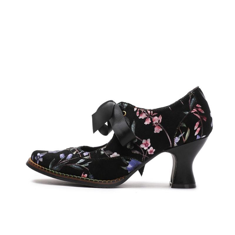 Johnature Женская обувь, весенние туфли-лодочки в стиле ретро, ​​женские туфли ручной работы на высоком каблуке с круглым носком, со шнуровкой и милым принтом