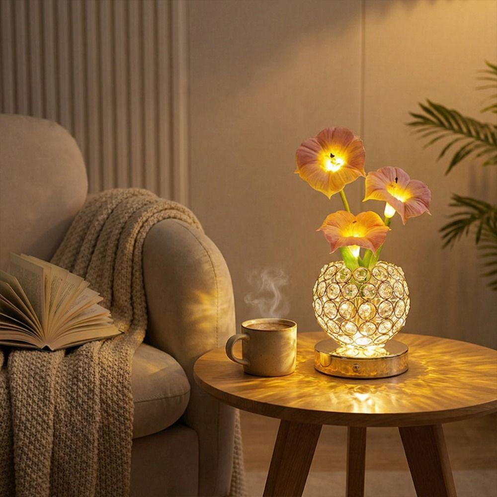 USB Rechargeable Morning Glory Night Light Crystal Flower Bedside Lamp for 1200mAh Desk Decor