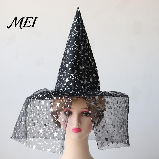 Fashionable Theme Event Hat Halloween Star Witch Hat, Mesh Veil Rose Feather Cone Black Costume Headwear for Women, Gothic Party Headwear, Adult