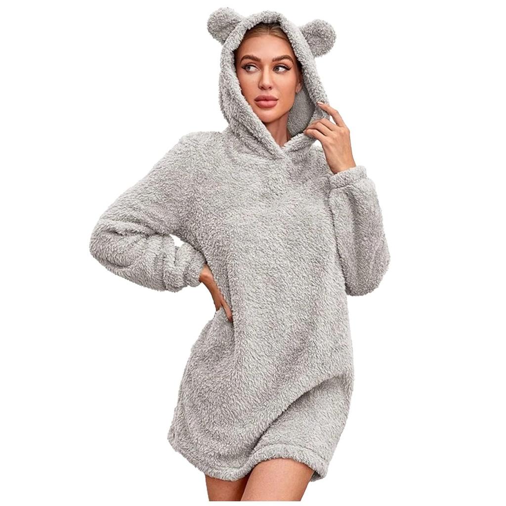 Women's Plush Hooded Casual Cute Bear Ears Pajama Dress