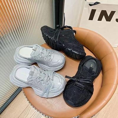 Женская повседневная обувь Baotou Half Slippers на танкетке с платформой и шнуровкой Silver Crystal Casual Working Shoes Women Size 35-40