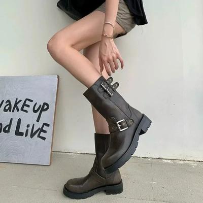 Модные высококачественные женские сапоги 2024 года, осень и зима, новые, с круглым носком, пряжкой на ремне, на низком каблуке, модные повседневные рыцарские сапоги для женщин