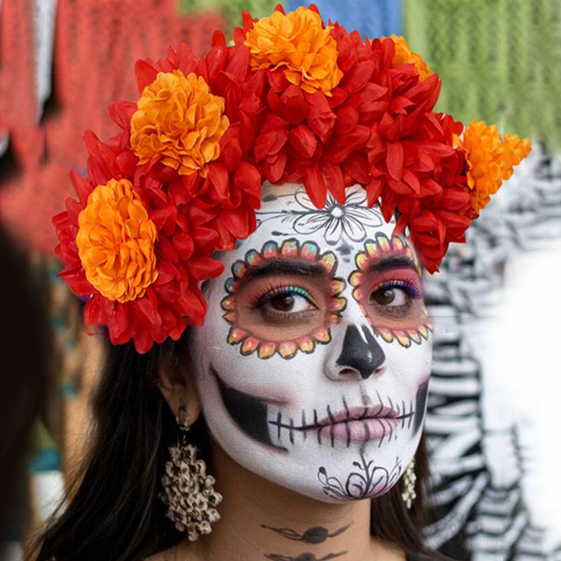 1Pc Day Of The Dead Artificial Marigold Hair Band Faux Chrysanthemum Headband Halloween Festival Party Flower Crown For Women