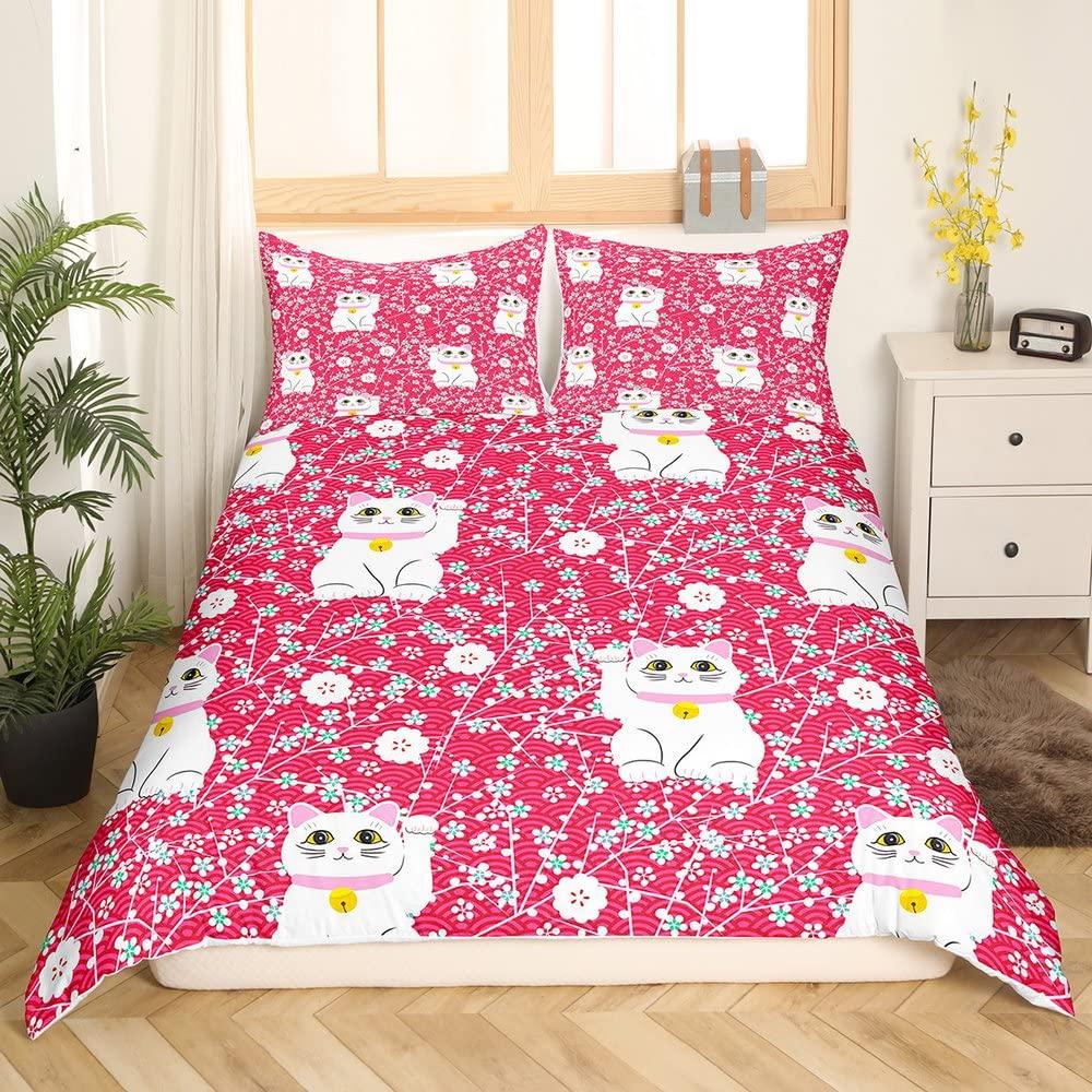 Maneki Duvet Cover SetJapanese Lucky Cat Duvet Cover Neko Gold Coin Japanese Style Cute Bedding Set Cat Comforter Cover 2/3pcs