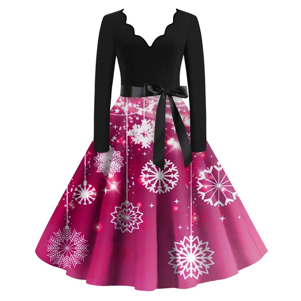 Женские модные повседневные тонкие рождественские платья с длинным рукавом с v-образным вырезом и принтом