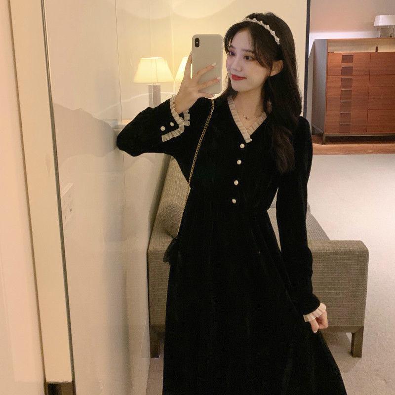2025 Spring Women's Black Long Sleeve Slimming Dress