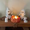 Ghost Campfire Gathering Scene Resin 2 Ghosts with Cat/Dog Making Smores Figurine Flickering LED Bonfire Halloween Night Light