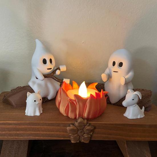 Ghost Campfire Gathering Scene Resin 2 Ghosts with Cat/Dog Making Smores Figurine Flickering LED Bonfire Halloween Night Light