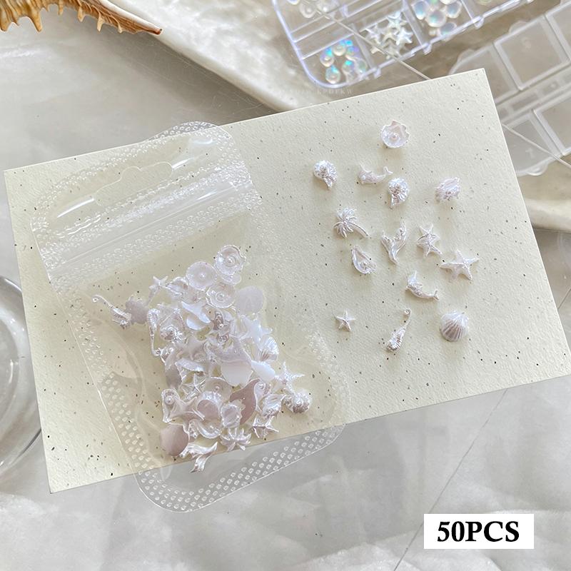 50 Pcs Ocean Nail Art Charms Aurora Shell Starfish Mermaid Tail Nail Art Decors Gem Beach Rhinestone Ice Clear Nail Decorations