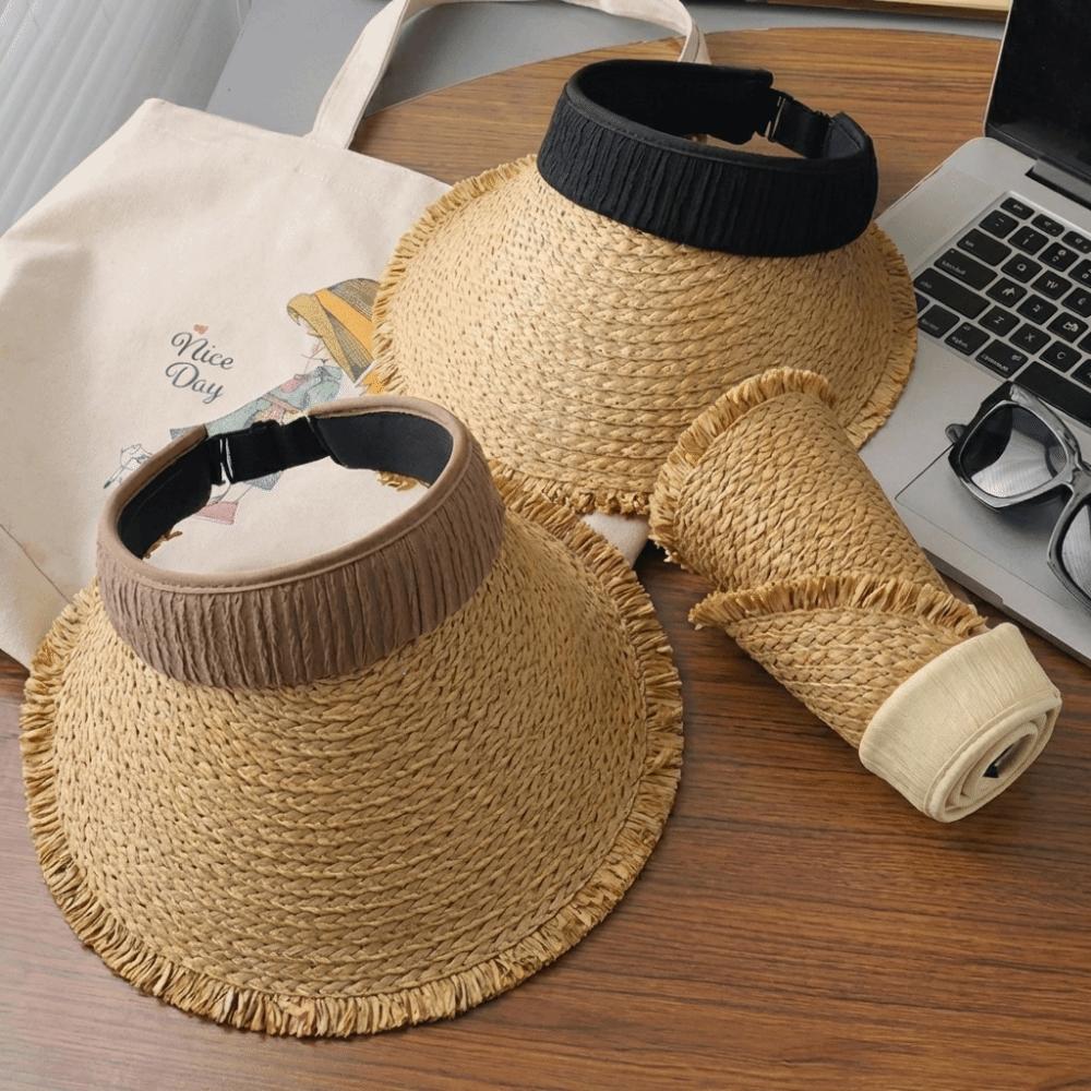 Fashion Woven Straw Visor Cap Sunscreen Hollow Empty Top Hat Big Head Circumference Breathable Summer Sun Cap Outdoor