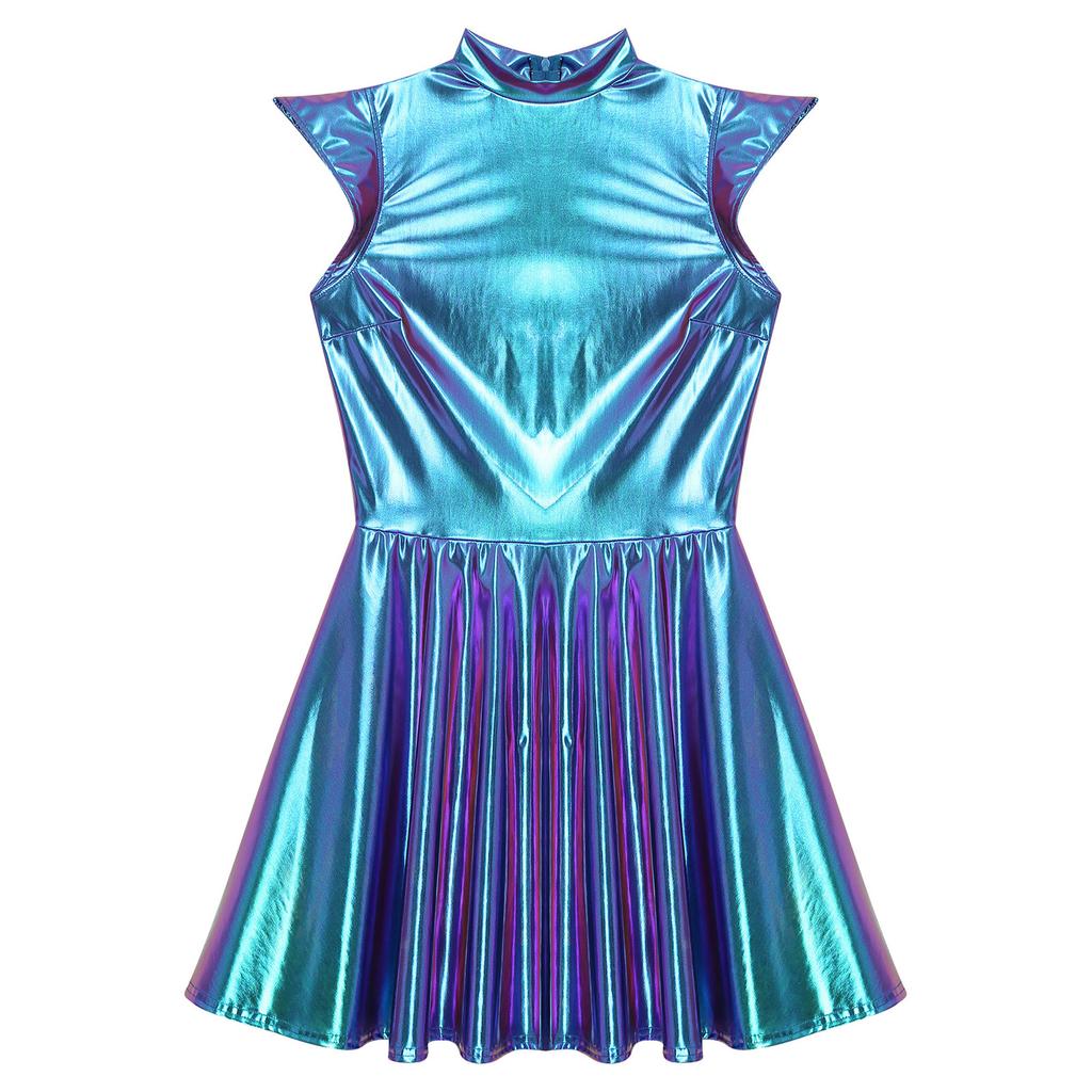 Women's Halloween Party Dress - Shiny Metallic A-line with Mock Neck & Cap Sleeves Fashion Bar Club Wear